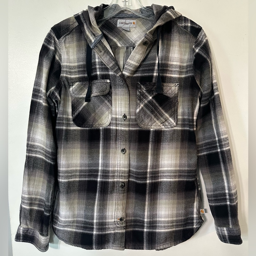 Carhartt Black and Gray Plaid Hooded Button-Down Shirt Women’s XS